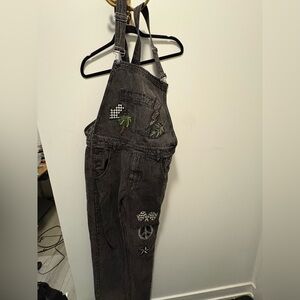 BDG Charcoal Black Washed Denim Overalls with Patch Details